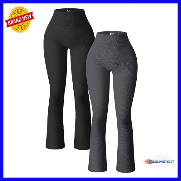 Pants - High Waist Ribbed Yoga Pants Flare Leggings 2 Piece Set Workout